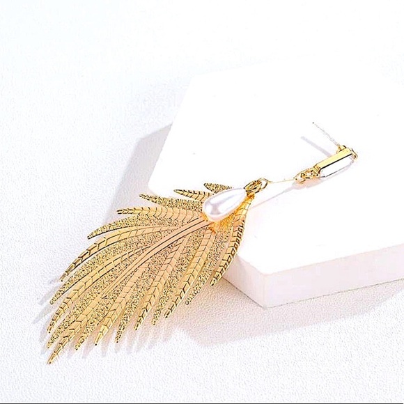 Boho Gold 14K GP Feather & Pearl Drop Earrings - Picture 3 of 7